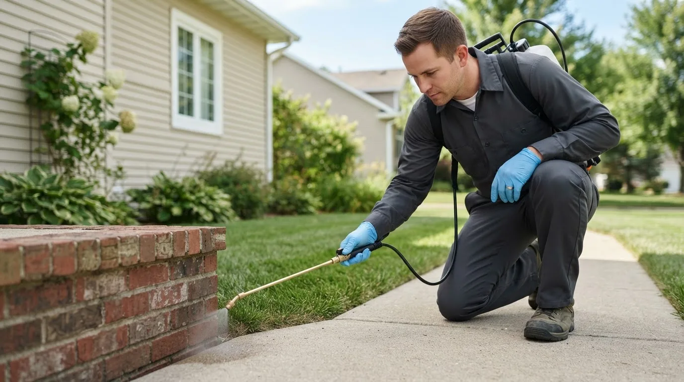 Pest control technician treating a home near East Aurora, NY